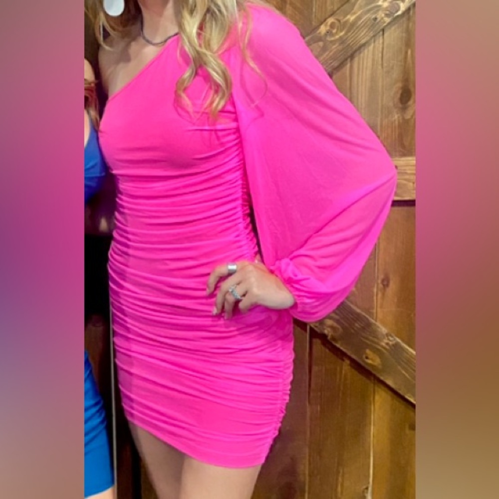 Hot Pink one shoulder dress with one long sheer sleeve, tight and body fitting